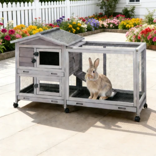 Indoor Outdoor Wooden Rabbit Hutch, 2-Tier Mobile Bunny Cage on Wheel with Waterproof Roof ,Pull Out Tray for Guinea Pig Chicken