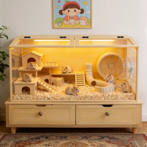 Large Wooden Hamster Cage Clear Tempered Glass Pet Small Animal Habitat Cage Playful Hutch House Built-in LED Light